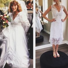 two pictures of the same woman in wedding dresses