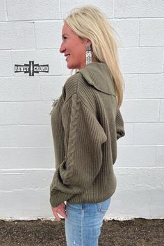 Make a fun statement with the Cypress Pullover. This olive green knit top has stylish versatility and braided detailing for a chic and luxurious look. This stylish piece is perfect for any occasion! 100% Acrylic. Sizes S-3XL, true to size. Quarter zip. V-neck Western Wholesale Clothing. The sizing chart is in the pictures. Olive Knit Tops For Fall, Casual Olive Knit Tops, Knit Quarter Zip, Dresses Western, Western Graphic Tees, Belt Top, Sweater Blazer, Plus Size Shopping, Wholesale Clothing