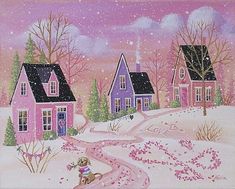 a painting of houses in the snow with a girl walking down the road next to them