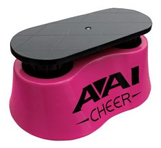 a pink and black skateboard sitting on top of a plastic stool that says ava cheer