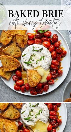 baked brie with cherry tomatoes and goat cheese on a white plate next to toasted bread