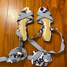 Brand New Never Been Worn Size 8. Tie Up Sandals In Blue And White Floral And Stripe Print. Blue Summer Sandals With Ankle Strap, Blue Ankle Strap Sandals For Summer, Blue Ankle Strap Sandals For The Beach, Blue Sandals For Beach In Spring, Blue Ankle Strap Sandals For Spring, Tie Up Sandals, Blue And White Floral, Shoes Brand, Stripe Print