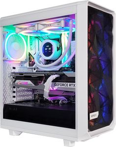 the inside of a white computer case with colorful lights and fan blades on it's sides