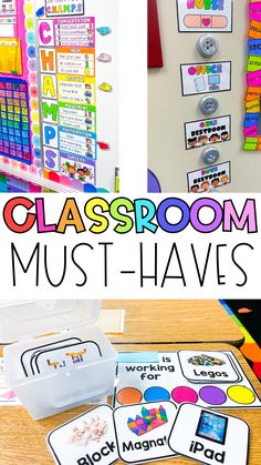 classroom must - haves with the words and pictures on them