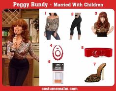 a woman in leopard print shirt and black pants with red accessories on her feet, next to an advertisement for peggy bundy - married with children