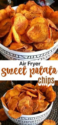 air fryer sweet potato chips in white bowls with text overlay that reads, air fryer sweet potato chips