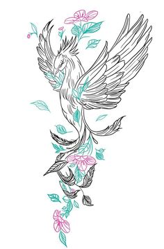 a drawing of a bird with flowers on it's back and wings flying through the air