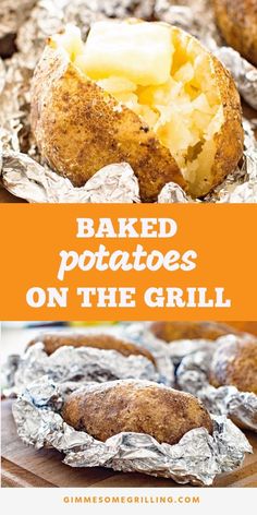 baked potatoes on the grill with text overlay