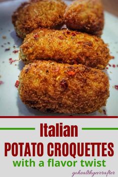 italian potato croquettes with a flavor twist on a white plate and text overlay reads, italian potato croquettes with a flavor twist