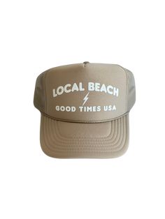 Local Beach Good Times USA Trucker Hat Beach days are the best days! This his or hers trucker is part of our Timeless Summer Collection. Cute and perfect for your next day in the sun. So light, medium profile and a perfect addition to your growing hat collection. 5 Panel Foam Mesh Back Trucker, Pro Style Adult Sizing 100% Poly Foam Front, 100% Nylon Back