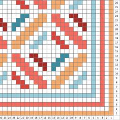 a cross stitch pattern with red, orange and blue squares on the bottom right corner