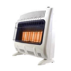 an electric heater sitting on top of a white table