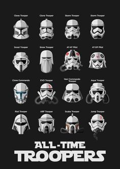 star wars poster with all the trooper helmets in each character's head and name