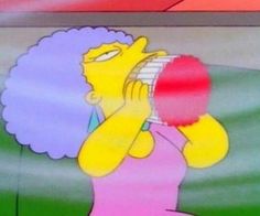 the simpsons character is drinking from a glass in front of an image of a woman