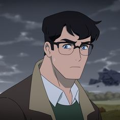 a man with glasses and a brown jacket is staring at something in the distance behind him