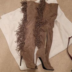 Over The Knee New Without Tag Open Toe Shoe Boots, Fringe Moccasin Boots, Moccasin Boots, Open Toe Shoes, Taupe Color, Thigh High, Over The Knee Boots, Thigh Highs, Over The Knee