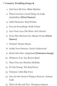 the country wedding song list is shown