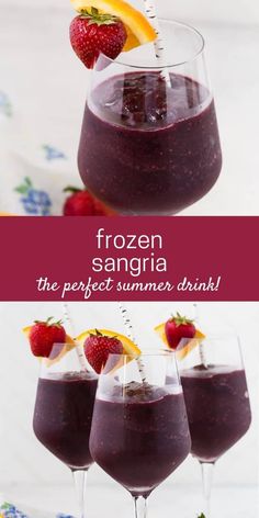 three glasses filled with frozen sangria and garnished with strawberries on top