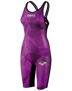 a women's purple and black one piece swimsuit with the word arena printed on it