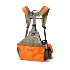 an orange and grey backpack with two straps on it's back, sitting against a white background