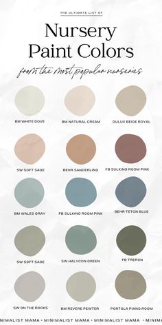 the color chart for nursery paint colors, including neutrals and shades with text that reads nursery