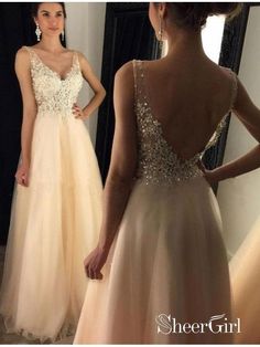 A-line Tulle with Lace See-through Bodice V-neck Long Prom Dresses apd1944-SheerGirl