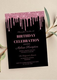 a black and pink birthday party card with glitter drips