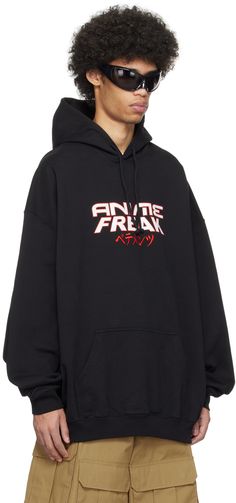 French terry hoodie. · Logo embroidered and drawstring at hood · Text embroidered and printed at front · Kangaroo pocket · Rib knit hem and cuffs · Dropped shoulders · Dolman sleeves Supplier color: Black Hoodie Outfits, Drop Shoulder Hoodie, Hoodie Logo, French Terry Hoodie, Hoodie Outfit, Mens Activewear, Dolman Sleeve, Logo Embroidered, Fit Inspo