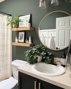 a bathroom with a mirror, toilet and plants on the sink counter top in front of it