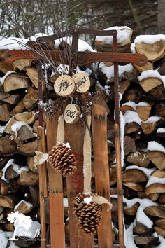 a pile of logs sitting in the snow next to a bunch of pineconuts