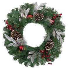 a christmas wreath with pine cones, holly berries and silver leaves on white background photo