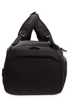 Backpack, over-the-shoulder and grab-and-go carry options make this duffle bag a utilitarian essential for gym, travel and work. Easy-access pockets and a durable, water-repellent finish add to the practical appeal, while bluesign®-certified fabric provides a sustainable element. 15"W x 8"H x 10"D. (Interior capacity: extra large.); 7" -15 1/2" strap drop; 1.3 lb. Two-way zip-around closure Adjustable carry handles with foam padding Exterior zip and water-bottle pockets Durable water-repellent ( Waterproof Black Gym Bag For Everyday Use, Everyday Waterproof Black Gym Bag, Everyday Black Waterproof Gym Bag, Functional Duffle Bag With Pockets For Overnight Trips, Everyday Black Waterproof Duffle Bag, Durable Functional Duffle Bag For Hiking, Everyday Waterproof Functional Duffle Bag, Black Nylon Duffle Bag For Hiking, Functional Luggage For Outdoor Activities