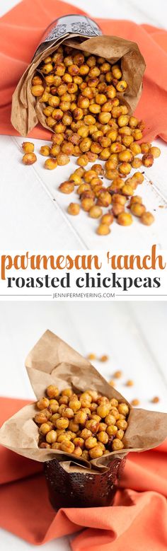 roasted chickpeas in a brown paper bag on top of an orange table cloth