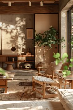 a living room filled with lots of furniture next to a large glass window and potted plant