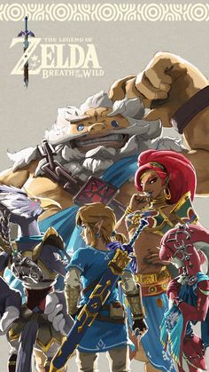 the legend of zelda breath of the wild poster is shown in front of two characters