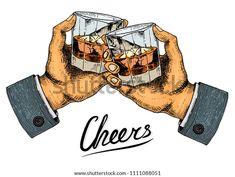 two hands holding glasses with alcohol and ice cubes on white background hand drawn sketch