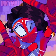 an illustration of a woman with her hands up in the air, wearing a red and blue costume