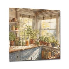 a painting of pots and plants on a window sill in front of a kitchen sink