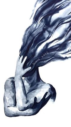 a woman with her hair blowing in the wind, watercolor painting on paper by artist and