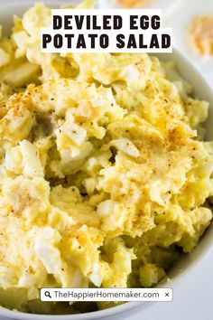 deviled egg potato salad in a white bowl with text overlay that reads deviled egg potato salad