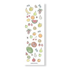 an illustrated bookmark with fruit and vegetables on the cover, including apples, oranges, pears, watermelon, bananas