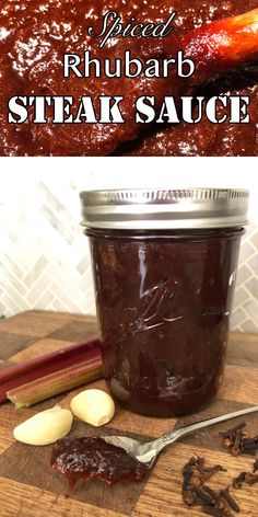 a jar of steak sauce on top of a wooden cutting board