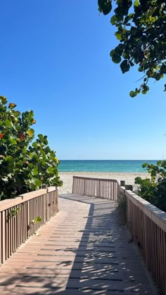 a wooden walkway leading to the beach with trees on either side and water in the background