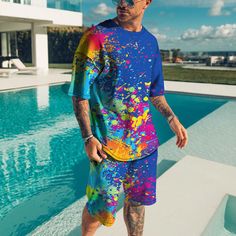 Men 2-piece Set Summer T Shirt Sport Tops Shorts Shirt Outfit Short Sleeve Suit