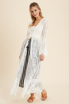 BEAUTIFUL BOHO LONG LACE DUSTER CARDIGAN WITH BELL SLEEVES, FUNCTIONAL 3 BUTTON DESIGN, AND LACE TRIM ACCENTS. Runs Small