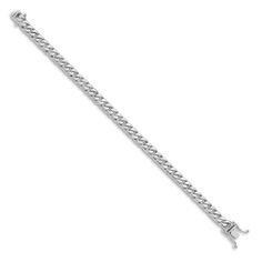 Versatile and stylish, bold solid curb links join together to form this handsome 6.8mm men's bracelet. Crafted in 14K white gold, the 8-inch curb chain secures in place with a box clasp. Classic White Gold Cuban Link Bracelet With Curb Chain, White Gold Cuban Link Bracelet With Solid Links, White Gold Cuban Link Bracelet, Polished White Gold Cuban Link Bracelet, White Gold Cuban Link Bracelet With Curb Chain, Curb Chain Bracelet, Jared The Galleria Of Jewelry, Box Clasp, Men's Bracelet