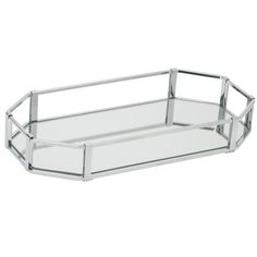 a glass tray with metal handles on a white background