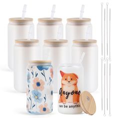 there are six jars with straws in them and one has a fox on it