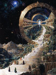 an image of a stairway going up to the stars in the night sky with people walking down it