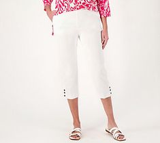 Elevate your warm weather work wardrobe with these classic capri pants. The button detail at the hem is a decorative touch that adds spice to this style. From Susan Graver. Susan Graver, Work Wardrobe, Slim Leg, Slim Legs, Button Detail, Warm Weather, Happy Shopping, Capri Pants, Capri